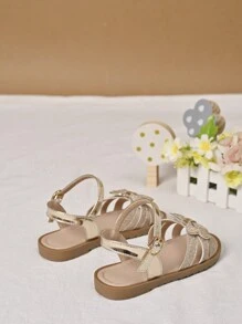 1 Pair Girl's Elegant Bow Flat Sandals, Suitable For Festivals, Weddings, Stage, Vacation & Daily Dress Matching - Gold - View 6
