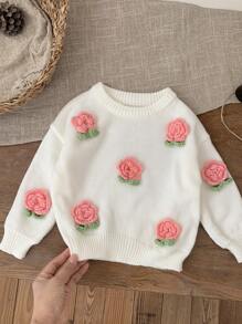 SHEIN Leap Crew Baby Girl Cute Floral 3D Design Long Sleeve Knit Sweater, Versatile For Autumn/Winter - White - View 1