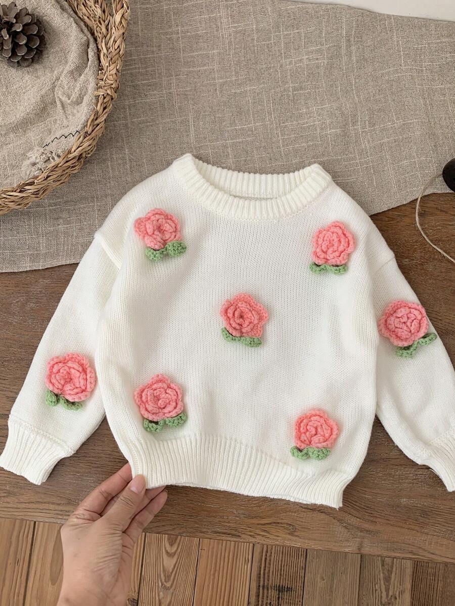 SHEIN Leap Crew Baby Girl Cute Floral 3D Design Long Sleeve Knit Sweater, Versatile For Autumn/Winter - White - View 1