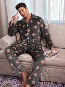 CoupledUp Conjunto de pijama para hombre de manga larga con estampado de oso y pantalones, con cuello abierto y de felpa