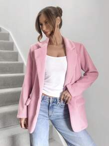 SHEIN Essnce Women's Solid Color Front Button Long Sleeve Flat Collar Simple Casual Blazer - Pink - View 5
