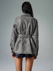 Poéselle 女式扎染图案长袖 PU 皮革单排扣夹克配腰带，秋冬季时尚外套 - 灰色 - 查看 3