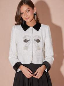 Enchnt Autumn/Winter Romantic Women's Sweet Elegant White Color Block Exquisite Pearl Bow Decor Long Sleeve Tweed Jacket,For Thanksgiving&Christmas Party - White - View 7