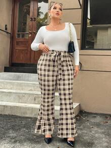 SHEIN Clasi Pantalon droit taille haute à motif carreaux marron avec nœud papillon, élégant pour les déplacements, le travail, l'école et polyvalent, style évasé en grandes tailles - Multicolore - Voir 4