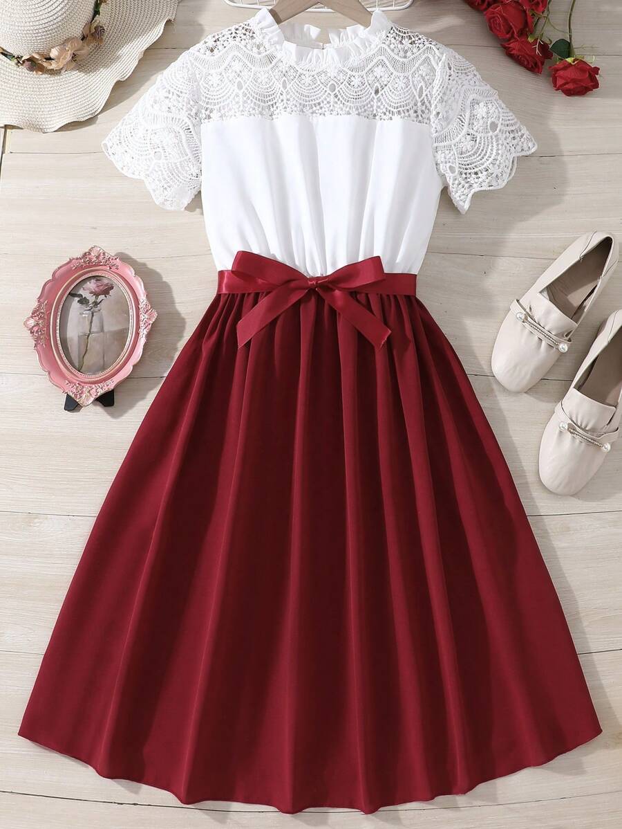 Teen Girl Elegant Lace Patchwork Color Block Mini Dress,Holiday Summer Travel - Red - View 1