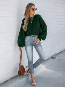 SHEIN LUNE Women's Casual Home T-Shirt With Ruffle LED Lantern Sleeves Green Round Neck For Winter New Year Christmas Women's Clothing - Green - View 8