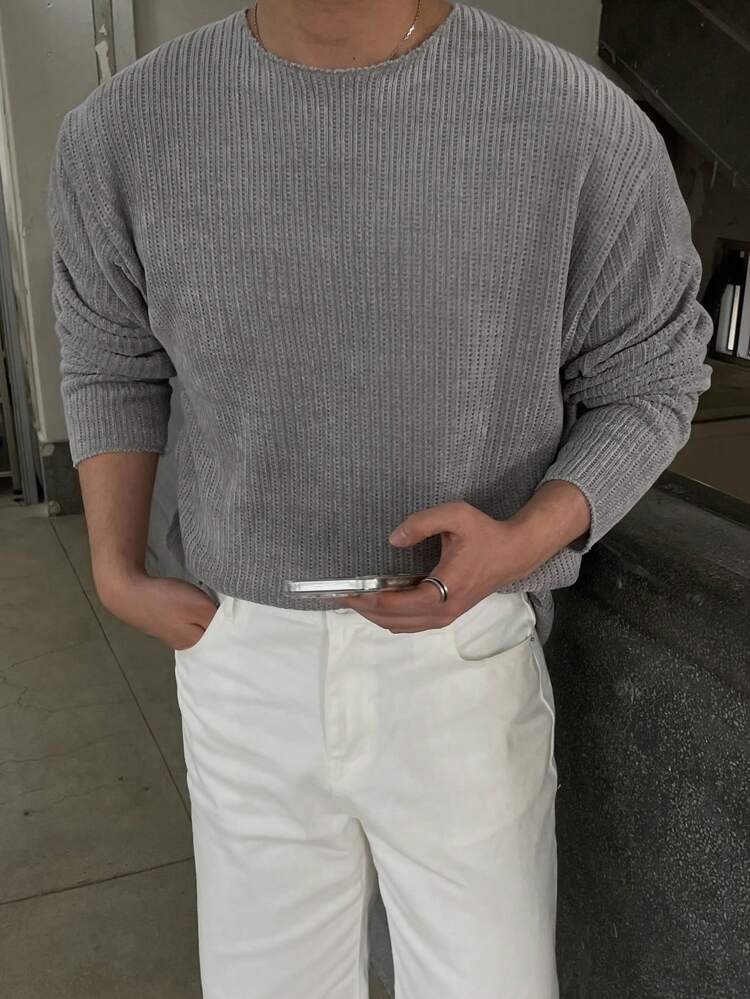 Men's Simple Solid Color Ribbed Knit T-Shirt, Casual Versatile Fall,Winter