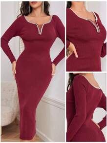 Modelyn Women Elegant Rhinestone Embellished Bodycon Knit Sweater Dress, Autumn/Winter - Burgundy - View 1