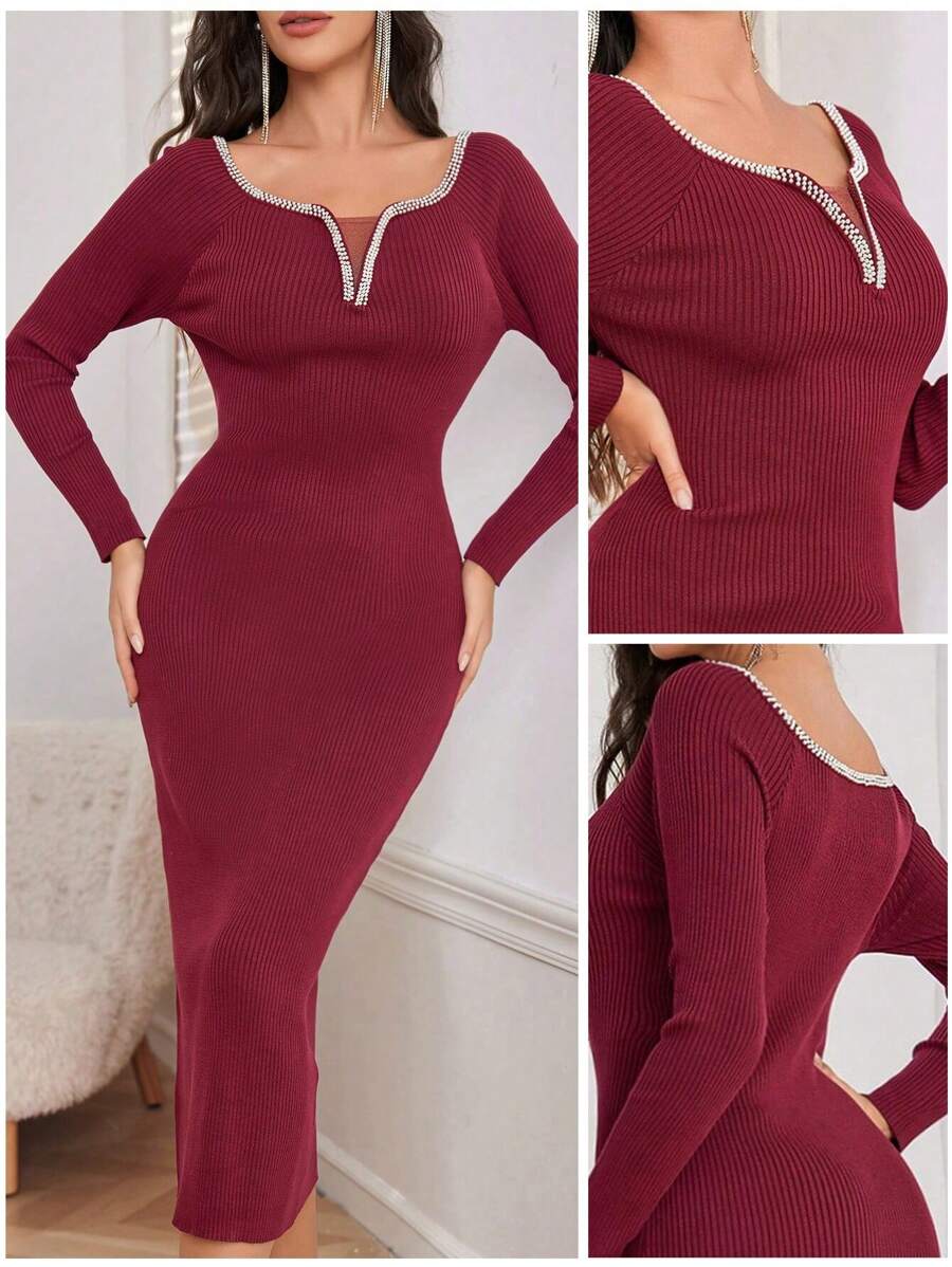 Modelyn Women Elegant Rhinestone Embellished Bodycon Knit Sweater Dress, Autumn/Winter - Burgundy - View 1