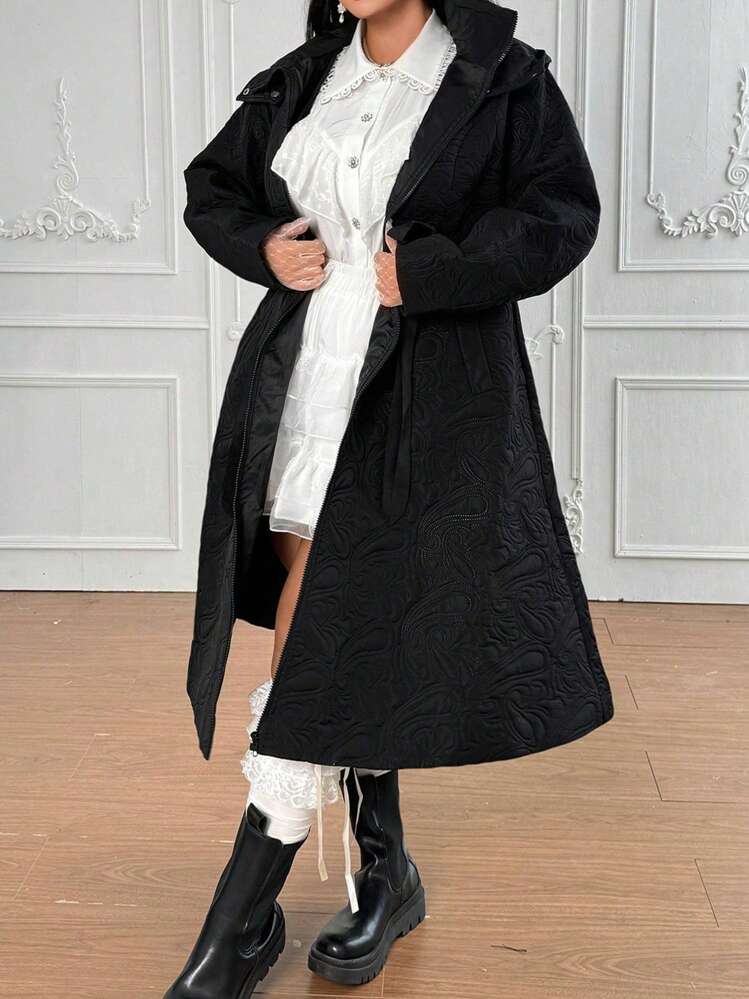 Plus Size Vinter Mock Neck Blommönster Huva lång vadderad med pilbåge, fickor och A-line siluett - Svart - Visa 5