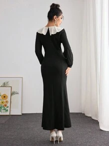 Modelyn Tight Fitting Sexy Color Block Collar Patchwork Form-Flattering Long Dress For Women Maxi Women Outfit Long Evening Dresses Fall Cloth For Women - Black - View 2