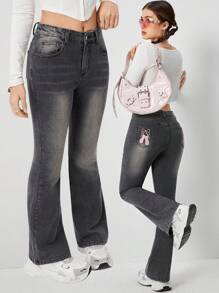 SHEIN Teen Girl Spring Autumn Music Festival Wear Y2K Cute Pink Ballet Shoes EMB Grey Wash Stretch Bootcut Jeans, With Adjustable Waist And 5 Pockets. - Grey - View 1