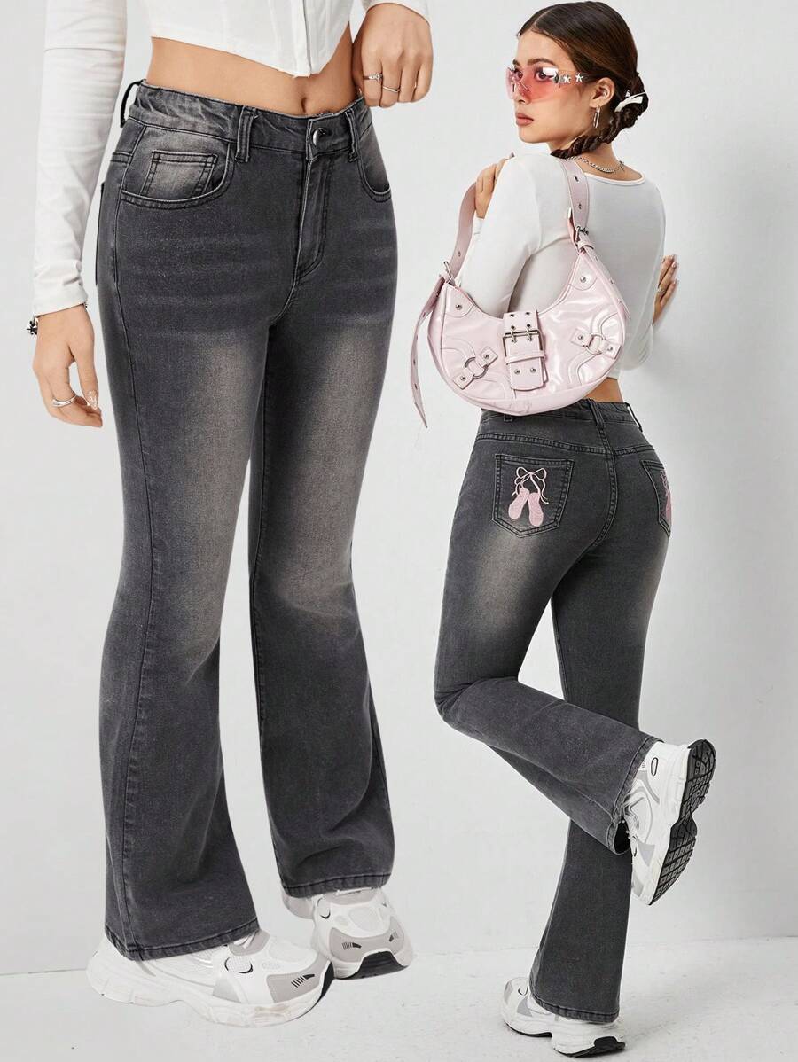 SHEIN Teen Girl Spring Autumn Music Festival Wear Y2K Cute Pink Ballet Shoes EMB Grey Wash Stretch Bootcut Jeans, With Adjustable Waist And 5 Pockets. - Grey - View 1