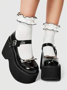 ROMWE Grunge Punk Women Fashion Versatile Solid Color Wedge & Platform Slip-On Shoes New Year Holiday - Black - View 1