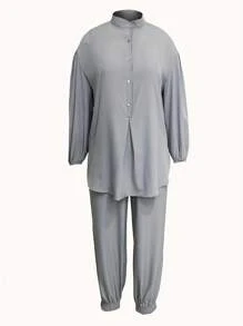 Set de 2 piezas para mujer de talla grande con top de manga larga con botones delanteros y pantalones de unicolor, de estilo minimalista