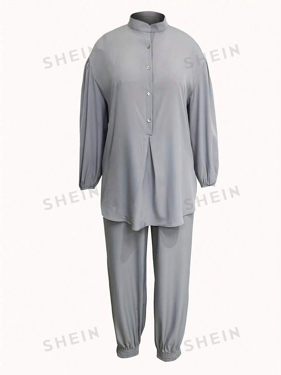 Set de 2 piezas para mujer de talla grande con top de manga larga con botones delanteros y pantalones de unicolor, de estilo minimalista