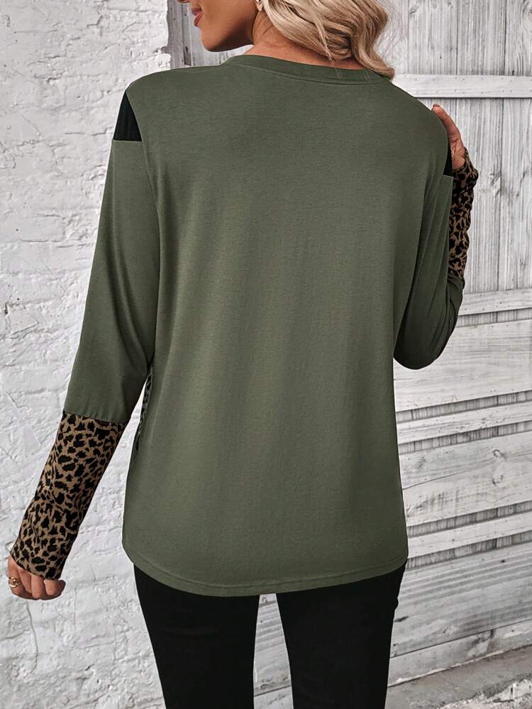 Women Casual Colorblock Leopard Print T-Shirt, Autumn