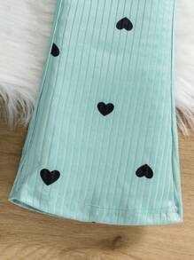 SHEIN 3 pièces Tenue d'hiver pour jeunes filles : haut à manches longues côtelé vert épais en forme de cœur, pantalon évasé, gilet matelassé noir - casual, chaud, convient pour l'intérieur, l'école, l'extérieur, par temps froid - Multicolore - Voir 6