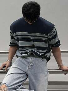 DAZY Men's Casual Loose Drop Shoulder Striped Pattern Knit Pullover - Blue - View 4