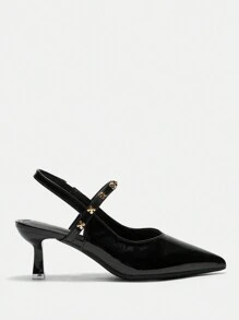 CUCCOO CURVES Plus Width High Heel Pointed Toe Elegant Black Satin Slingback Sandals For All Seasons - Black - View 3
