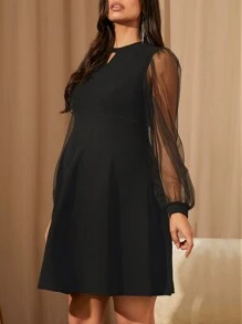 MaterniChic 锁眼领口网眼灯笼袖连衣裙（女士和孕妇装，秋季） - 黑色 - 查看 3