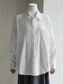 DAZY 1pc Plain Long Sleeve Collared Pocket Blouse For Women,Fall Clothes - White - View 4
