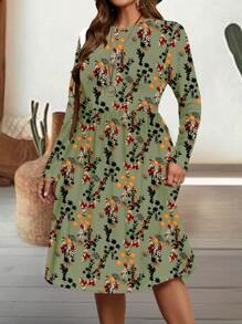 EMERY ROSE Casual Minimalist Bodycon Round Neck Long Sleeve Plus Size Dress, Suitable For Autumn/Winter