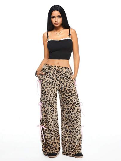 Grunge Punk Pantalon ample à jambes évasées avec contraste de couleur, nœud papillon et imprimé léopard