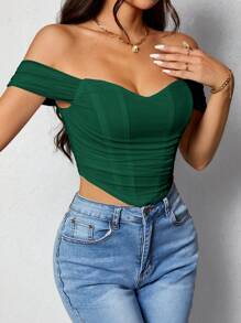 SHEIN PETITE 女士露肩短袖不对称下摆褶饰修身衬衫 - 墨綠色 - 查看 3