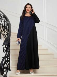 Al Najma Vestido árabe de manga larga con cuello redondo, de corte holgado, estilo color block y diseño de parches a rayas, para uso diario casual. Modesto, elegante abaya, kaftan y jalabiya.