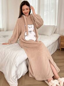 Cute Bear Embroidered Oversized Snap Button Front Jumpsuit Fluffy For Women, For Fall Winter - Khaki - View 3