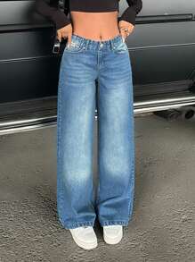 EURMUSE Casual Washed Wide Leg Low Waist Jeans - Medium Wash - View 1