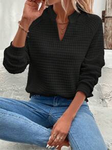 EMERY ROSE Solid V-Neck Casual Pullover Sweatshirt In Fall/Winter - Black - View 4