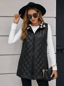 SHEIN Clasi Chaleco/Chaqueta acolchada de algodón reversible con estampado de leopardo y negro, para otoño/invierno - Multicolor - Ver 12