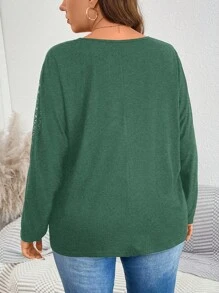 SHEIN LUNE 大码女式春秋季纯色撞色蕾丝V领蝙蝠袖长袖休闲T恤绿色节日圣诞新年冬季女装新年女装 - 墨綠色 - 查看 2