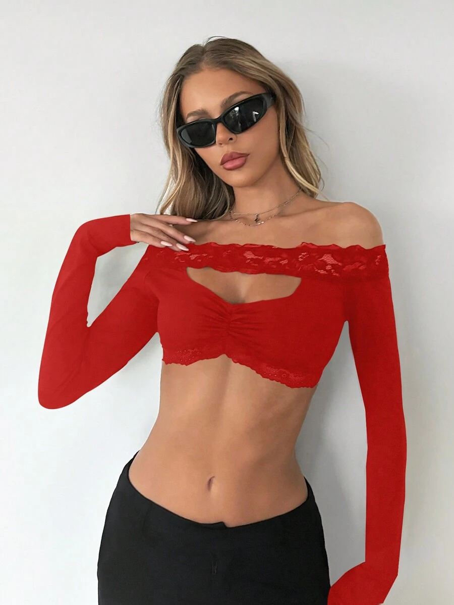 SHEIN ICON Fitted Lace Patchwork Hollow Out Off-Shoulder Women Blouse - Red - View 1