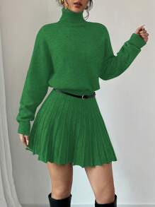 Calvaya 2pcs/Set Solid Color Pleated Loose Casual Skirt Suit, High Neck Sweater