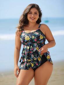 Swim Lushoire Große Größen Blume Muster Trägerhemd/Crop Top Tankini Oberteil für den Sommer - Verschiedenfarbig - Übersicht 3