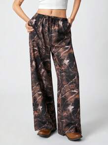 SHEIN EZwear 女士纯色前系带褶皱休闲裤，简约百搭 - 白色 - 查看 1