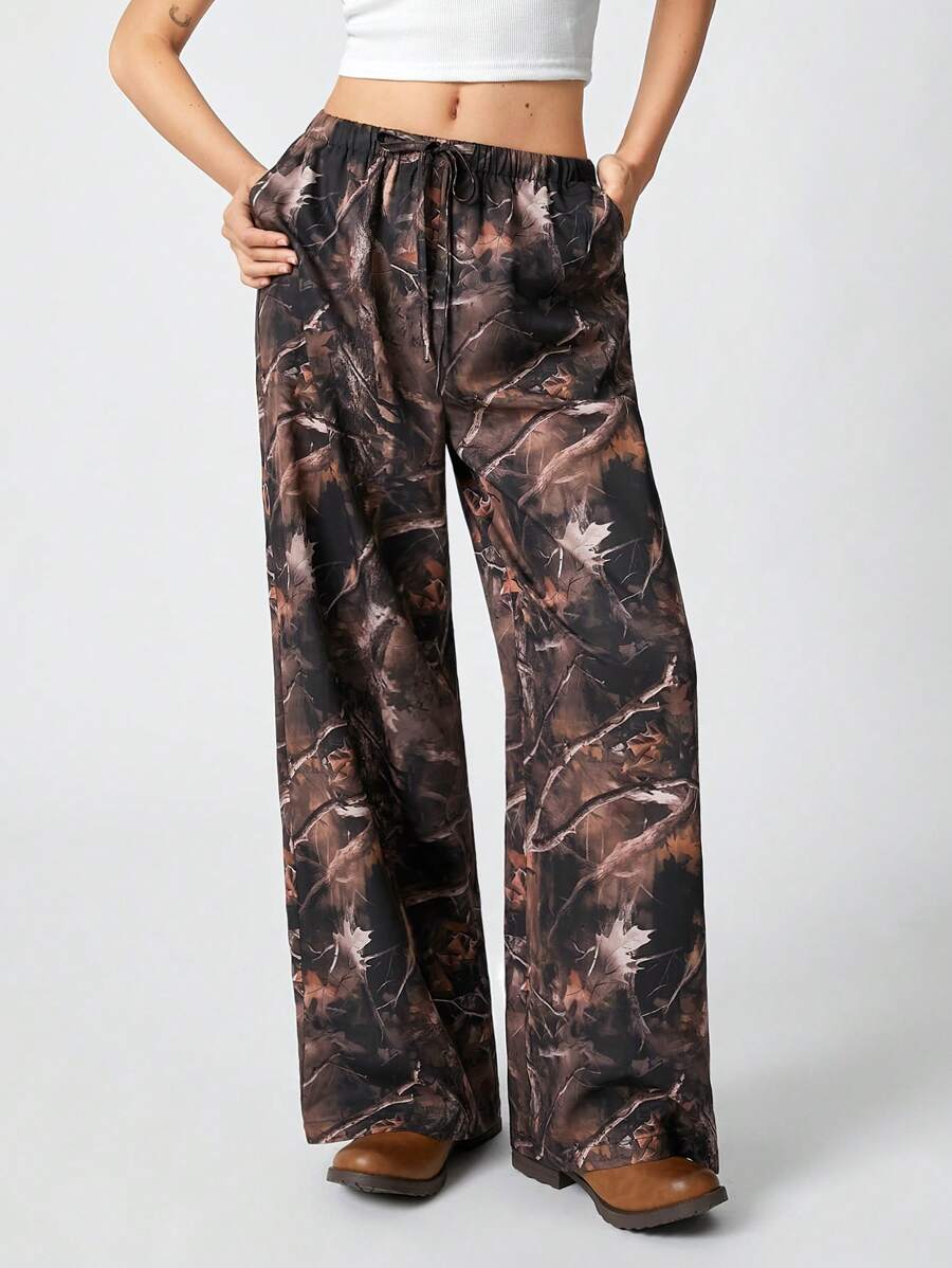 SHEIN EZwear 女士纯色前系带褶皱休闲裤，简约百搭 - 白色 - 查看 1