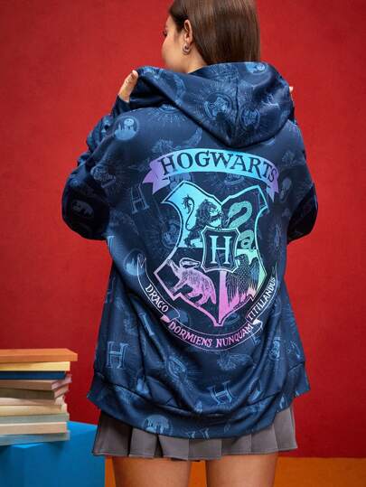HARRY POTTER X SHEIN Sudadera con capucha oversize de estilo universitario con estampado del escudo de Hogwarts y letras, ideal para Navidad, primavera, otoño, invierno y Año Nuevo, con manga larga
