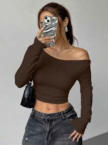 SHEIN Unity Áo len cổ lửng màu trơn đơn giản tối giản không đối xứng - Màu nâu Sô-cô-la - Xem 1