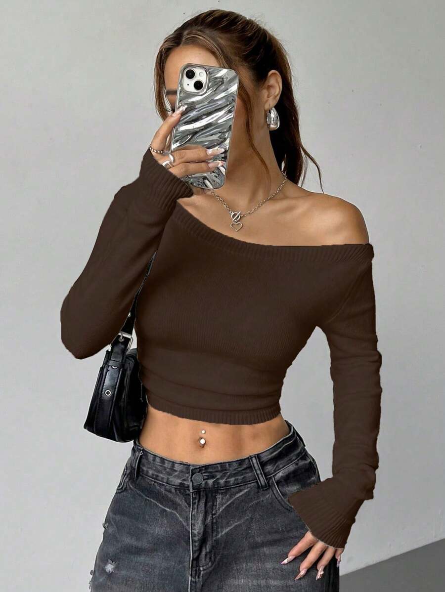 SHEIN Unity Áo len cổ lửng màu trơn đơn giản tối giản không đối xứng - Màu nâu Sô-cô-la - Xem 1