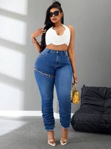 SHEIN SXY 大码女式拼接拼接紧身牛仔裤