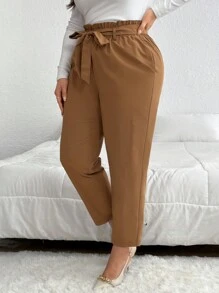 SHEIN Privé 大码女式纯色贴袋直筒宽松休闲通勤长裤 - 卡其色 - 查看 3