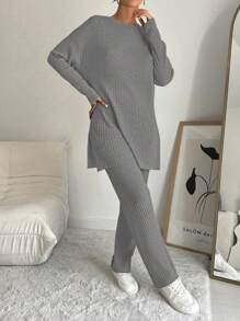 Cottnline Conjunto de 2 piezas de top de cuello redondo y pantalones de unicolor y franjas de 100% algodón para mujer