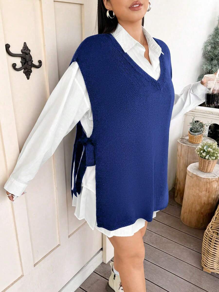 Flirla Green Plus Size V Neck Twist Knot Split Casual Sleeveless Knit Top