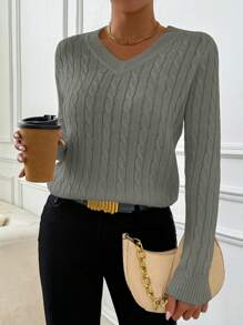 SHEIN LUNE Loose And Cozy V-Neck Long Sleeve Sweater For Women, Casual Style, Autumn/Winter Knit Pullover Fall Outfit