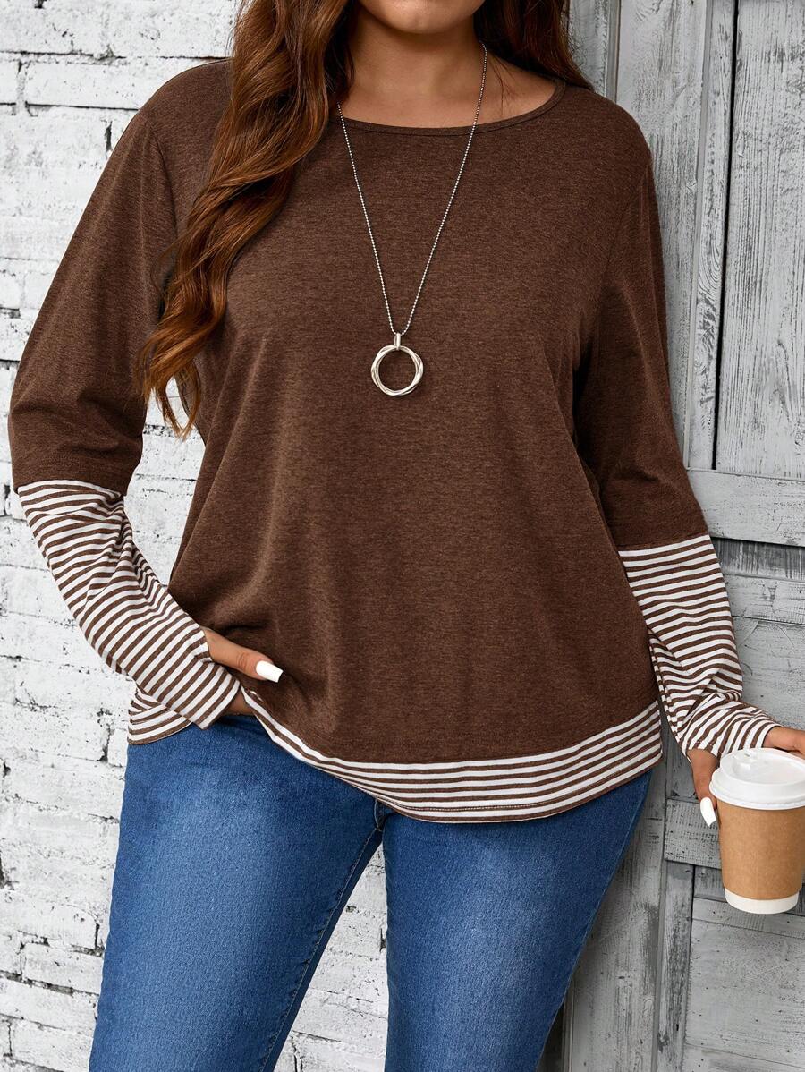 EMERY ROSE 大码女式纯色条纹拼布圆领宽松休闲长袖 T 恤，秋季女装，女式冬装 - 棕色 - 查看 1