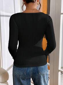 SHEIN Essnce Áo thun dài tay thanh lịch, màu trơn, có nơ trang trí ren thời trang xuân/hè cho nữ, áo thun dài tay, áo, ren, áo có tay - màu đen - Xem 2